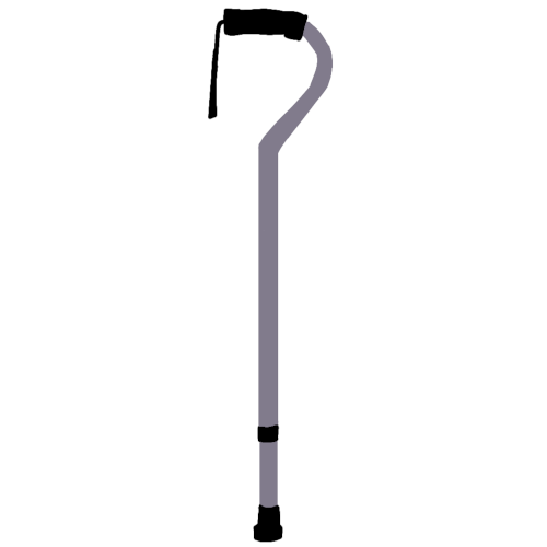 a light grey and black offset cane. there is a white background and outline.